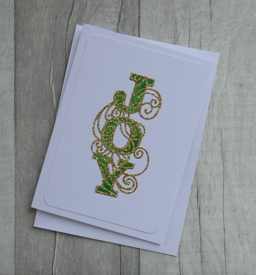 Green and Gold Glitter Die Cut 'JOY' - Christmas Card