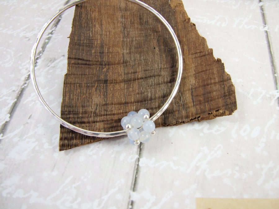 Sterling Silver Hammered Bangle with Blue Lace Agate Beaded Bead