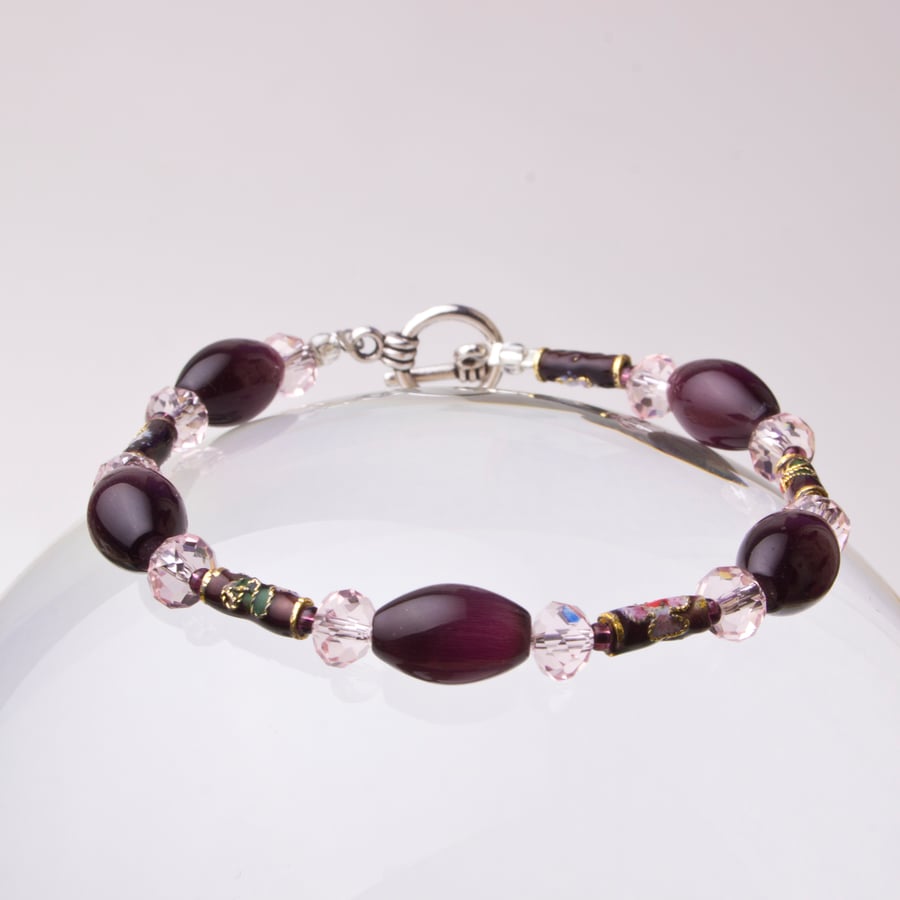  Purple bracelet - Deep Purple and pink cloisonne beaded bracelet