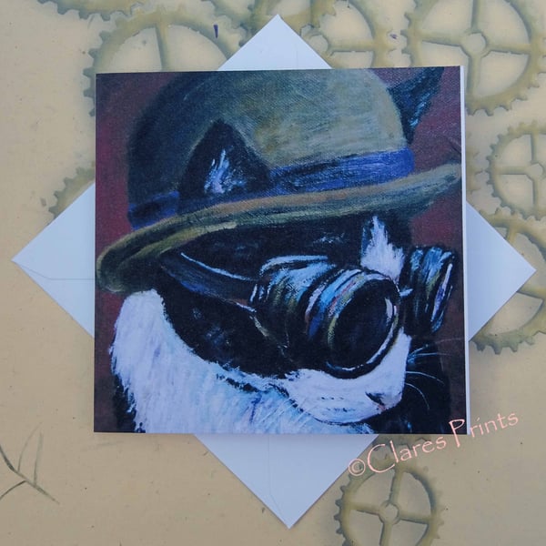 Steampunk Kitty Blank Greeting Card From my Original Acrylic Painting Cat