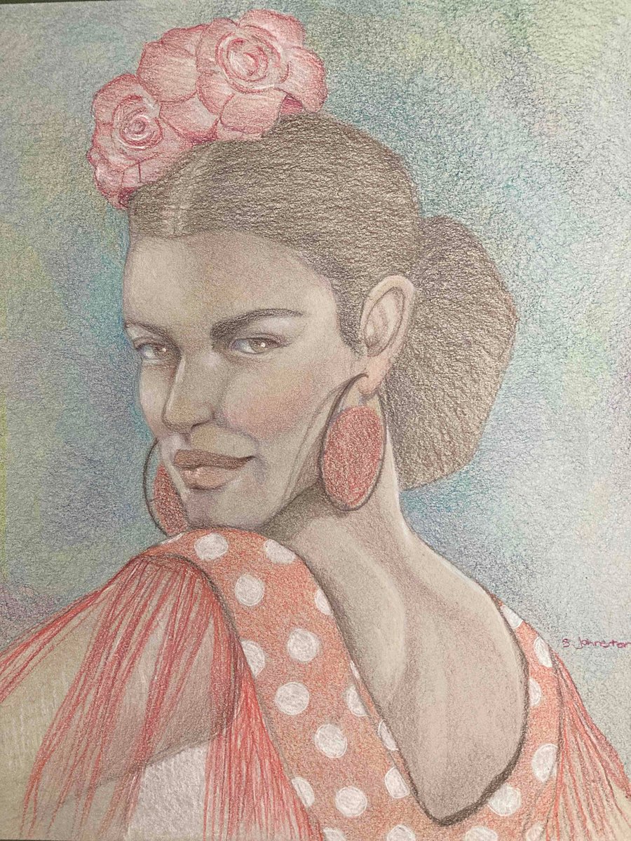 Flamenco dancer art in colour pencil, figurative art, Spanish dancer. 