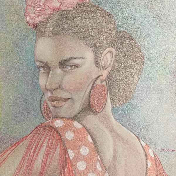 Flamenco dancer art in colour pencil, figurative art, Spanish dancer. 