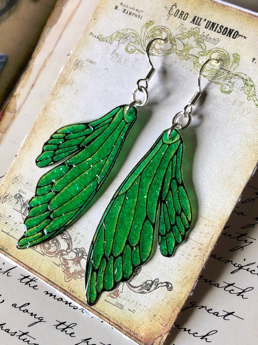 Sparkling Bright Green Double Fairy Wing Earrings Sterling Silver