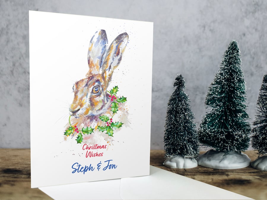 Personalised Hare Christmas Card premium quality British wildlife