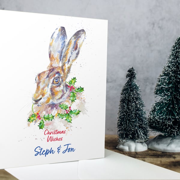 Personalised Hare Christmas Card premium quality British wildlife