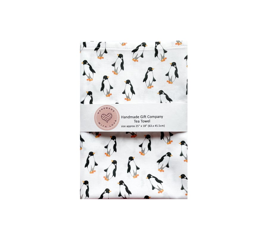 Fabric Handmade Pretty Cotton Tea Towel with a Penguin Design-Whit