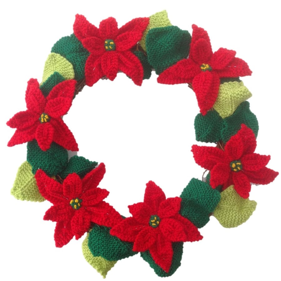 Knitted Poinsettia Christmas Wreath, Digital Knitting Pattern