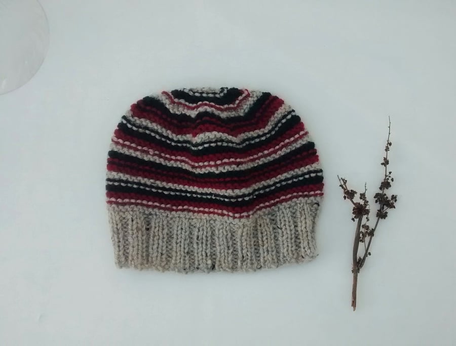 Beanie Hat in Striped Aran 