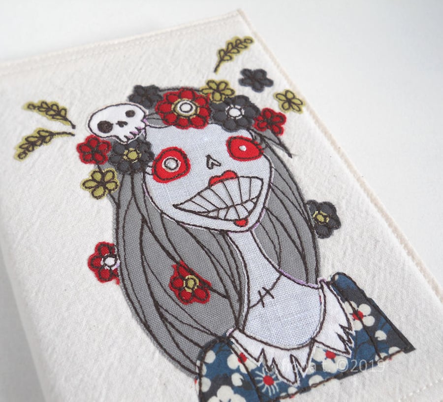 free motion embroidered zombie girl fabric notebook A6