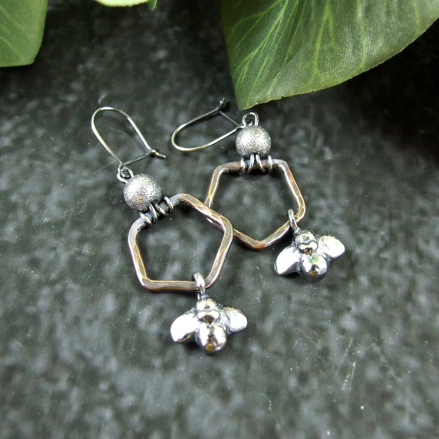 Earrings, Sterling Silver Bee Earrings with Copper Honeycomb
