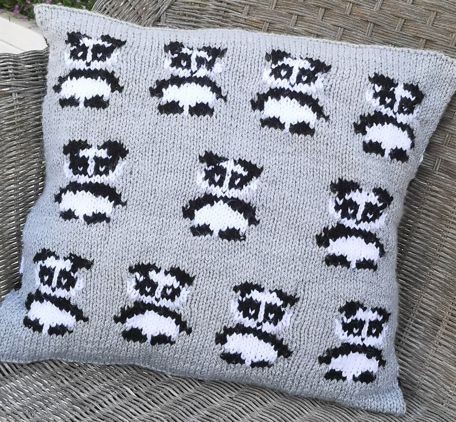 Knitting Pattern for Panda Cushion using Aran Worsted yarn.  Digital Pattern