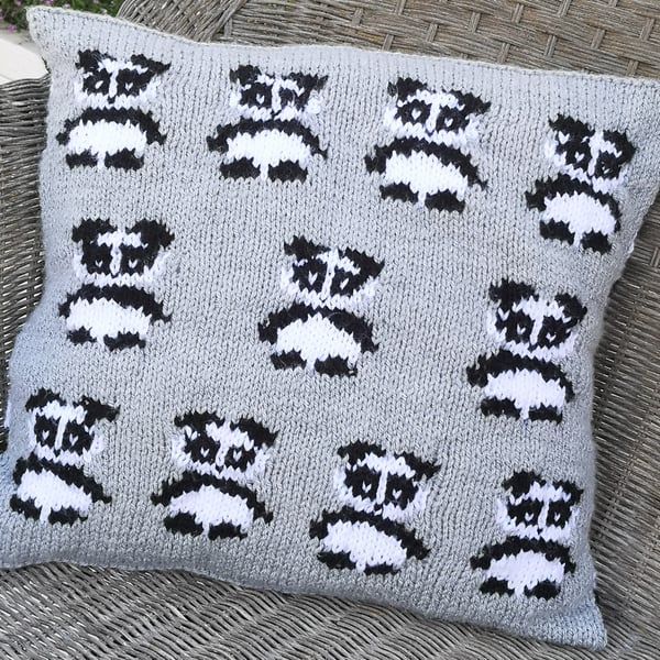 Knitting Pattern for Panda Cushion using Aran Worsted yarn.  Digital Pattern