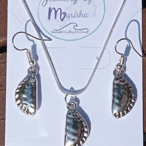 Tibetan Silver Cornish Pasty Charms on Silver Plated Necklace & Earrings Set