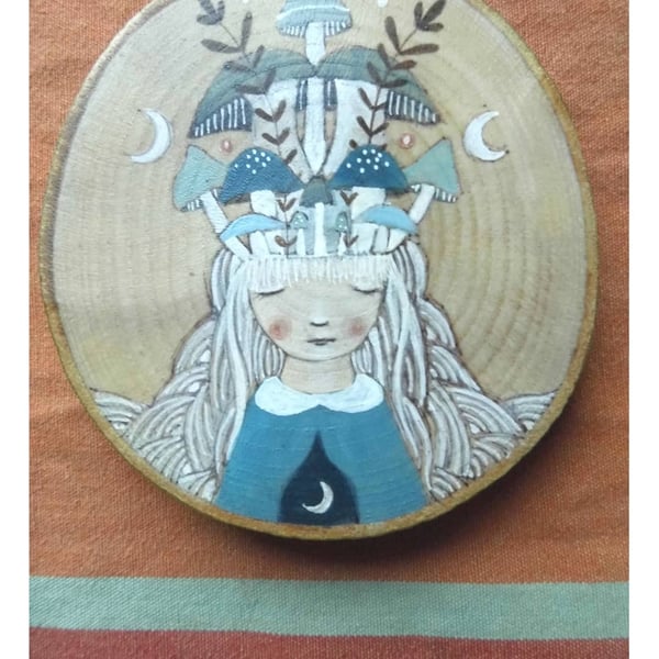 Mushroom girl wooden round