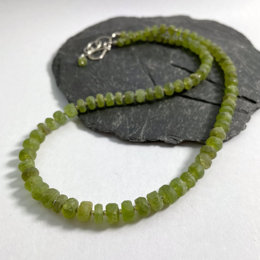  SALE Peridot and silver necklace hand cut frosted green beads