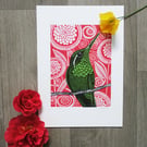 Hummingbird Linoprint, multi block linocut