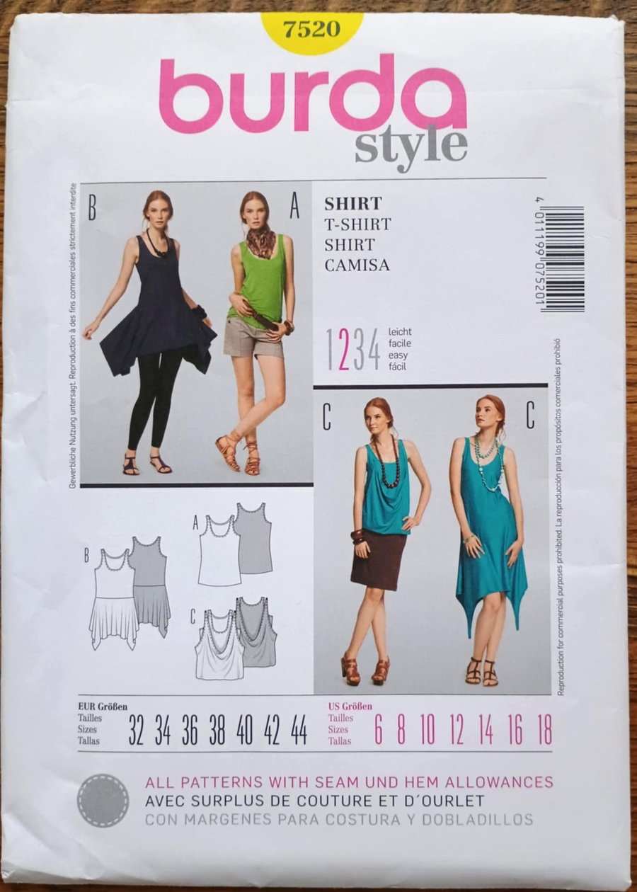 Dressmaking pattern for vest top or summer dress - Burda 7520 multi size 6-18