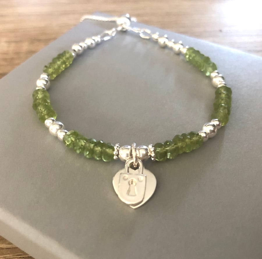 Sterling Silver Green Peridot Heart and Lock Charms Bracelet