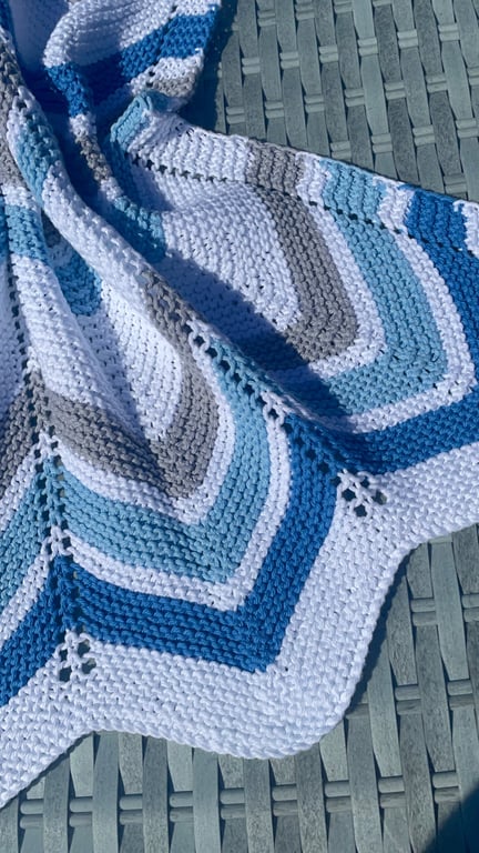 Blue and grey waves, hand knitted baby blanket.