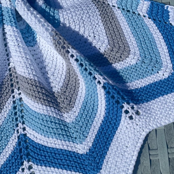 Blue and grey waves, hand knitted baby blanket.