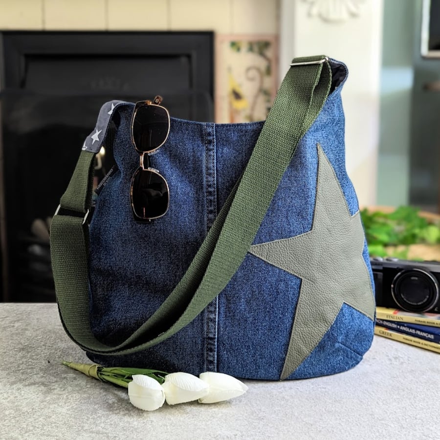 Recycled Denim Hobo Cross Body Bag with Khaki Green Star Motif 
