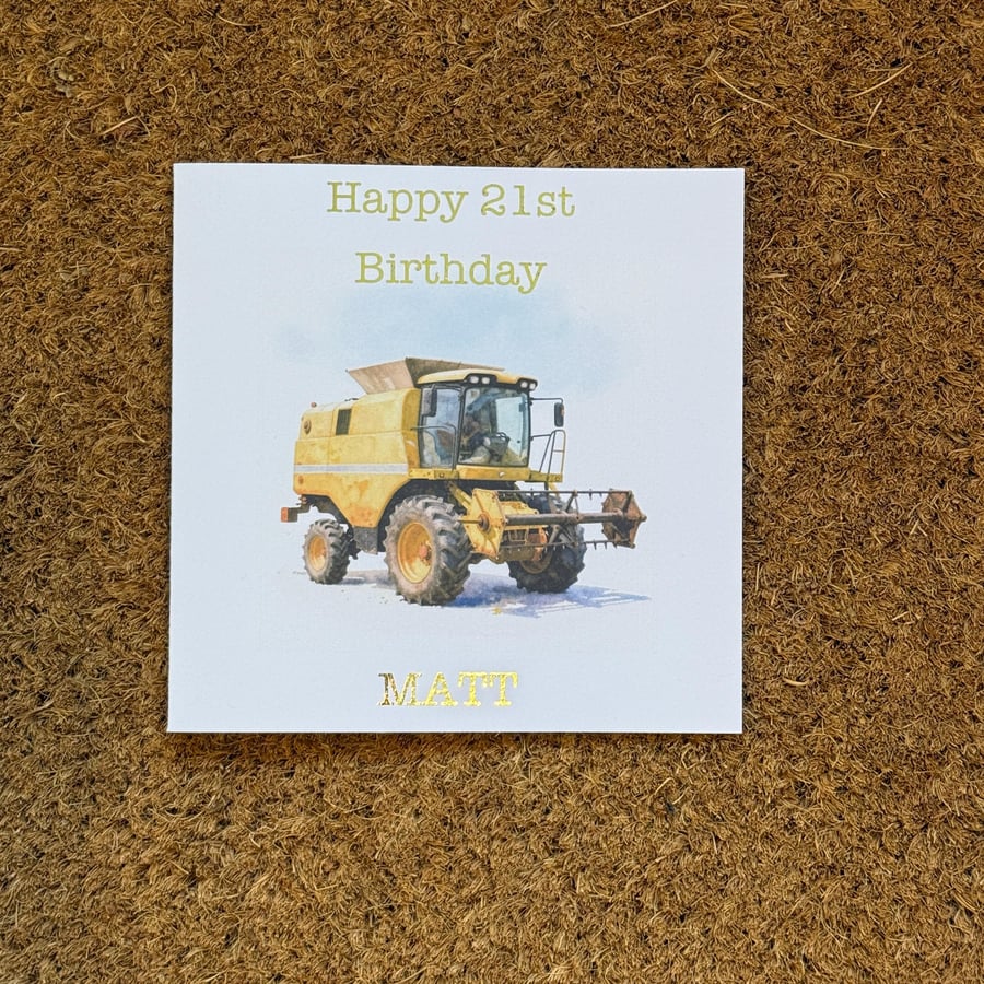 Image of Combine Harvester Birthday Card. Yellow Vintage Farm Machine with foil message 