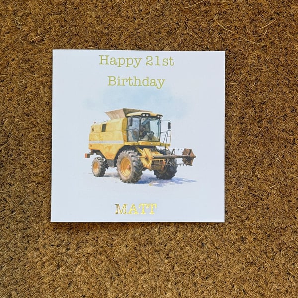 Combine Harvester Birthday Card. Yellow Vintage Farm Machine with foil message 