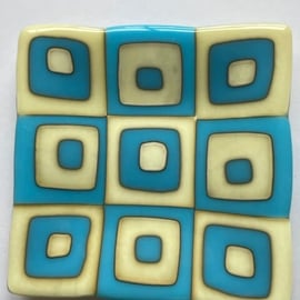 Handmade Fused Glass Cream and Cyan Blue Reaction Checkerboard Trinket Dish