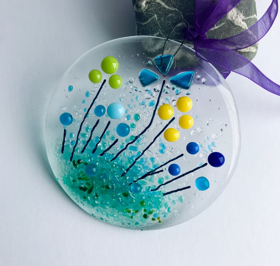 Flower suncatcher made from fused glass, stocking filler 