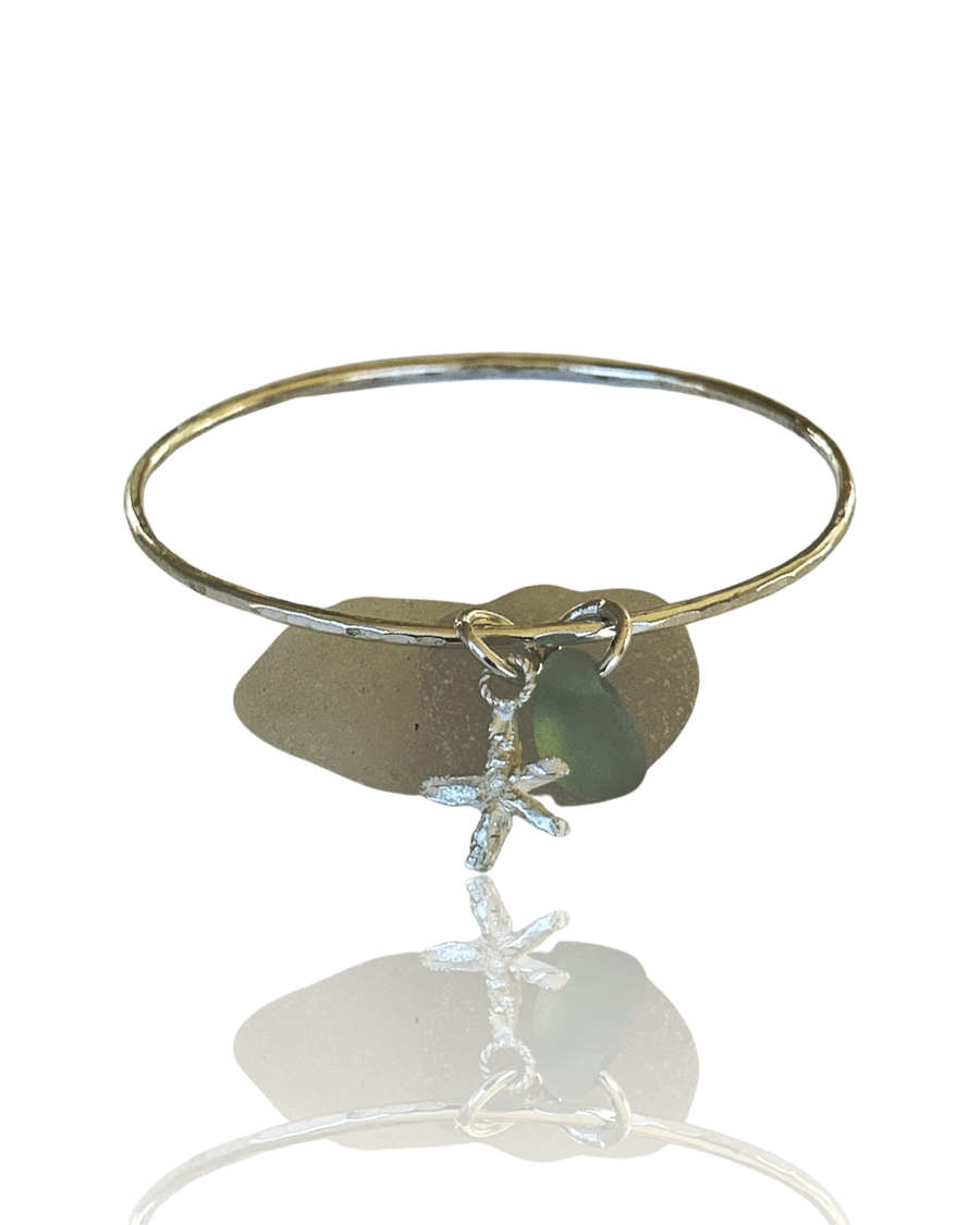 Sterling Silver Bangle With Sea Glass And Starfish Charms