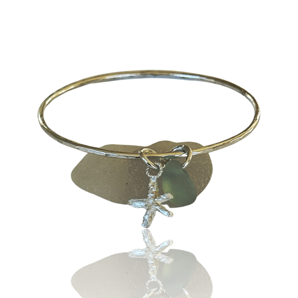 Sterling Silver Bangle With Sea Glass And Starfish Charms