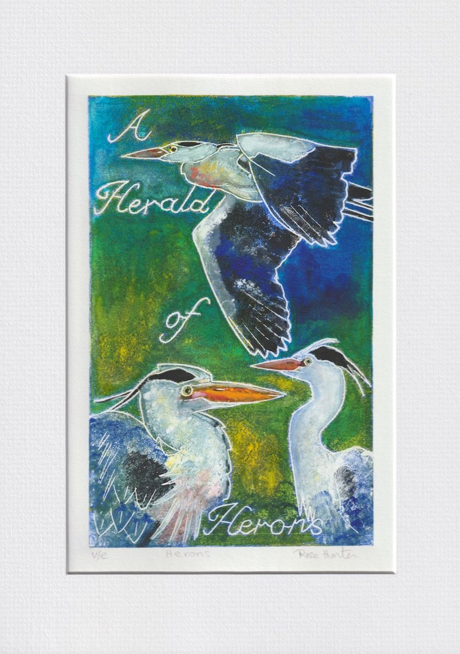 A Herald of Herons- 001 original hand painted Lino print