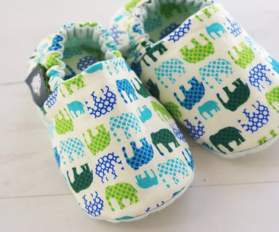 BELLAOSKI Blue & Green MINI ELEPHANTS Slipper Pram Shoes BABY GIFT IDEA 0-24M