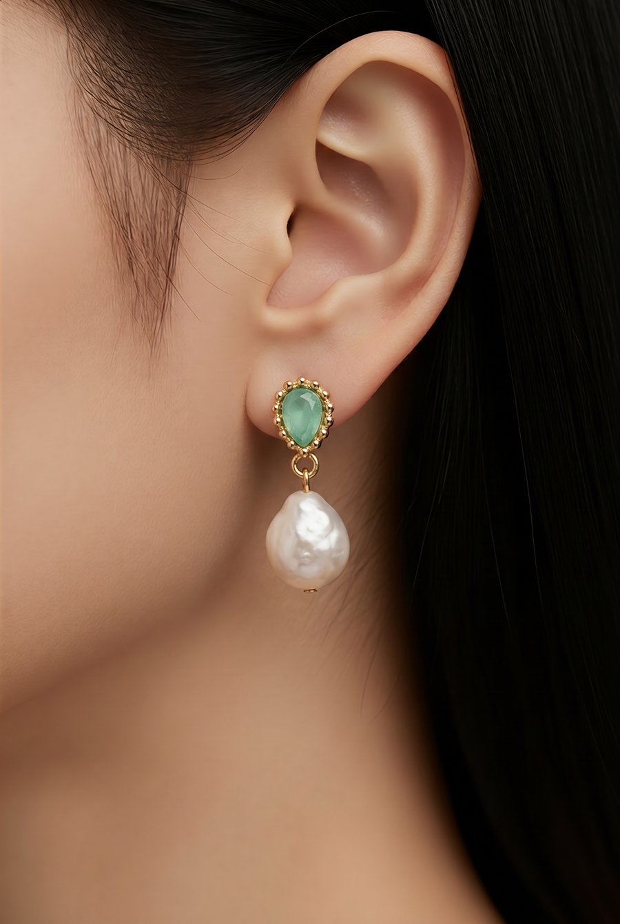Stunning Baroque Freshwater Pearl Green Zircon Earrings in gold plated