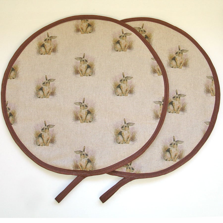 Rabbit Aga Hob Lid Mats Pair of Covers Pads Hats Round Rabbits Brown