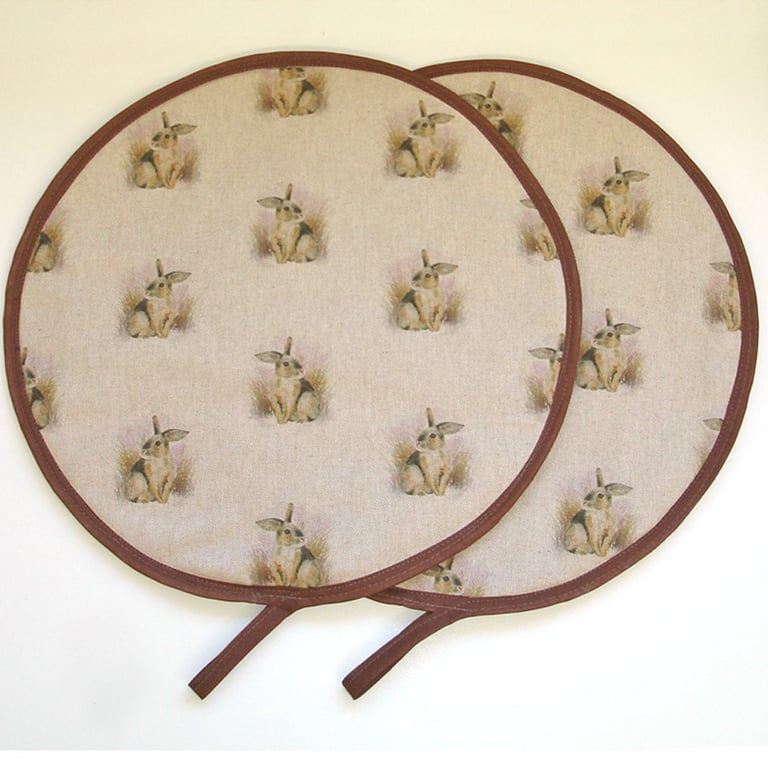 Rabbit Aga Hob Lid Mats Pair of Covers Pads Hats Round Rabbits Brown