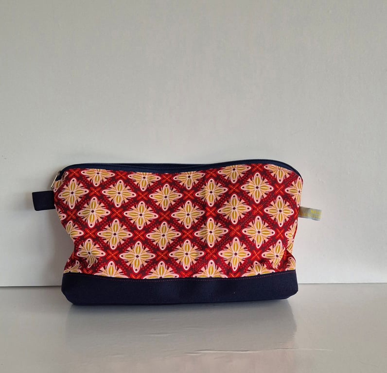 Patterned Cosmetic Bag with blue Canvas base - Toiletry Pouch - Big Pencil Case