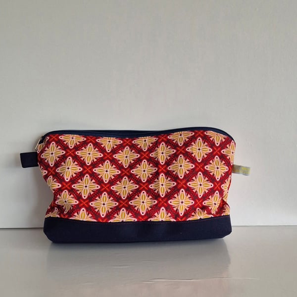 Patterned Cosmetic Bag with blue Canvas base - Toiletry Pouch - Big Pencil Case