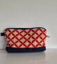 Patterned Cosmetic Bag with blue Canvas base - Toiletry Pouch - Big Pencil Case
