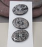 3 Medium Oval Metallic Silver Brocade Pattern Ceramic Buttons - Image 1