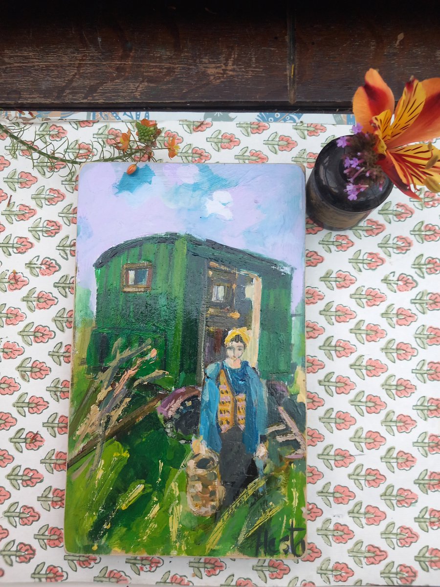 Original painting of girl and shepherd's hut 