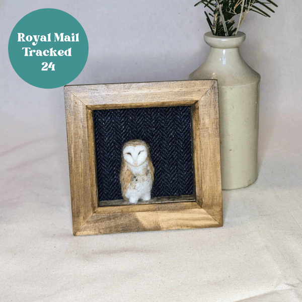Needle Felt Barn Owl in a Wood Stained Box Frame 6"x6"