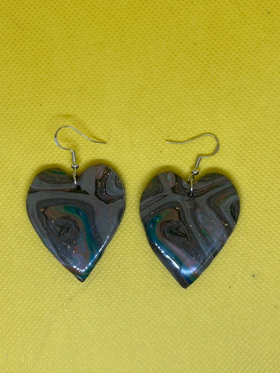 Handmade Marbled Polymer Clay Heart Earrings