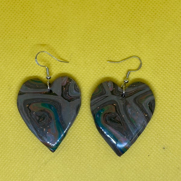 Handmade Marbled Polymer Clay Heart Earrings