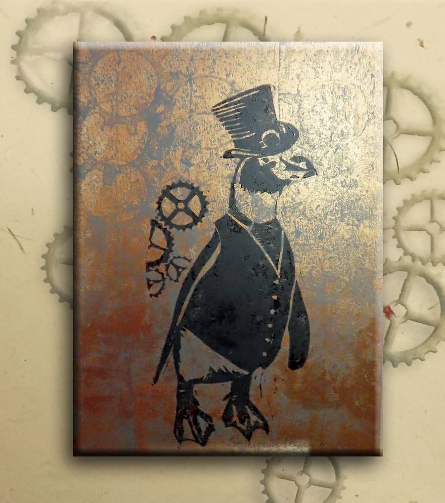 Steampunk Penguin One off Hand-Pulled Linocut & Gelli Print Copper