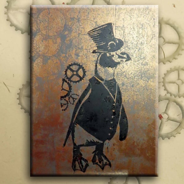 Steampunk Penguin One off Hand-Pulled Linocut & Gelli Print Copper