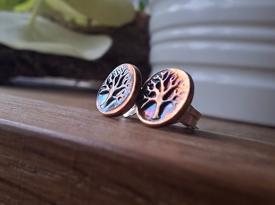 Tree of Life Studs with Rainbow Patina, Fine Silver