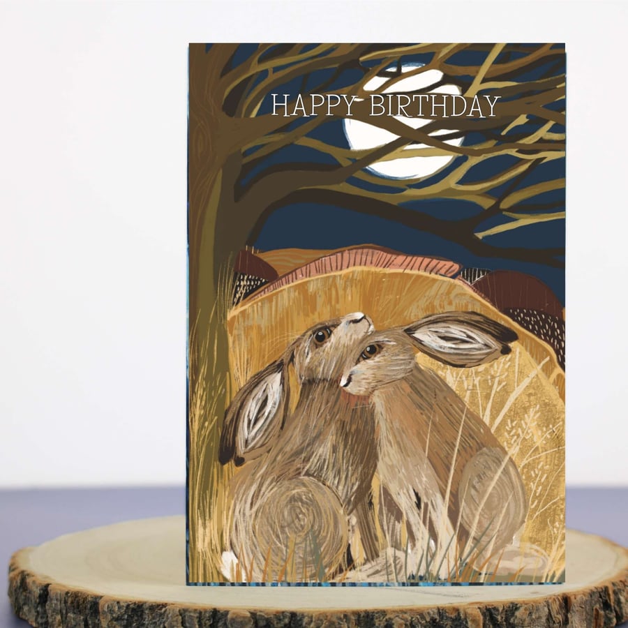 Happy Birthday card -  hares moon illustration