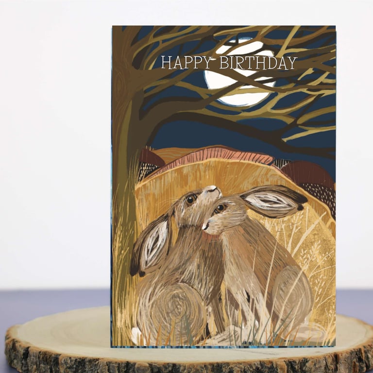 Happy Birthday card -  hares moon illustration