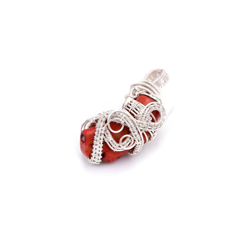 Coral silver plated wire wrapped pendant